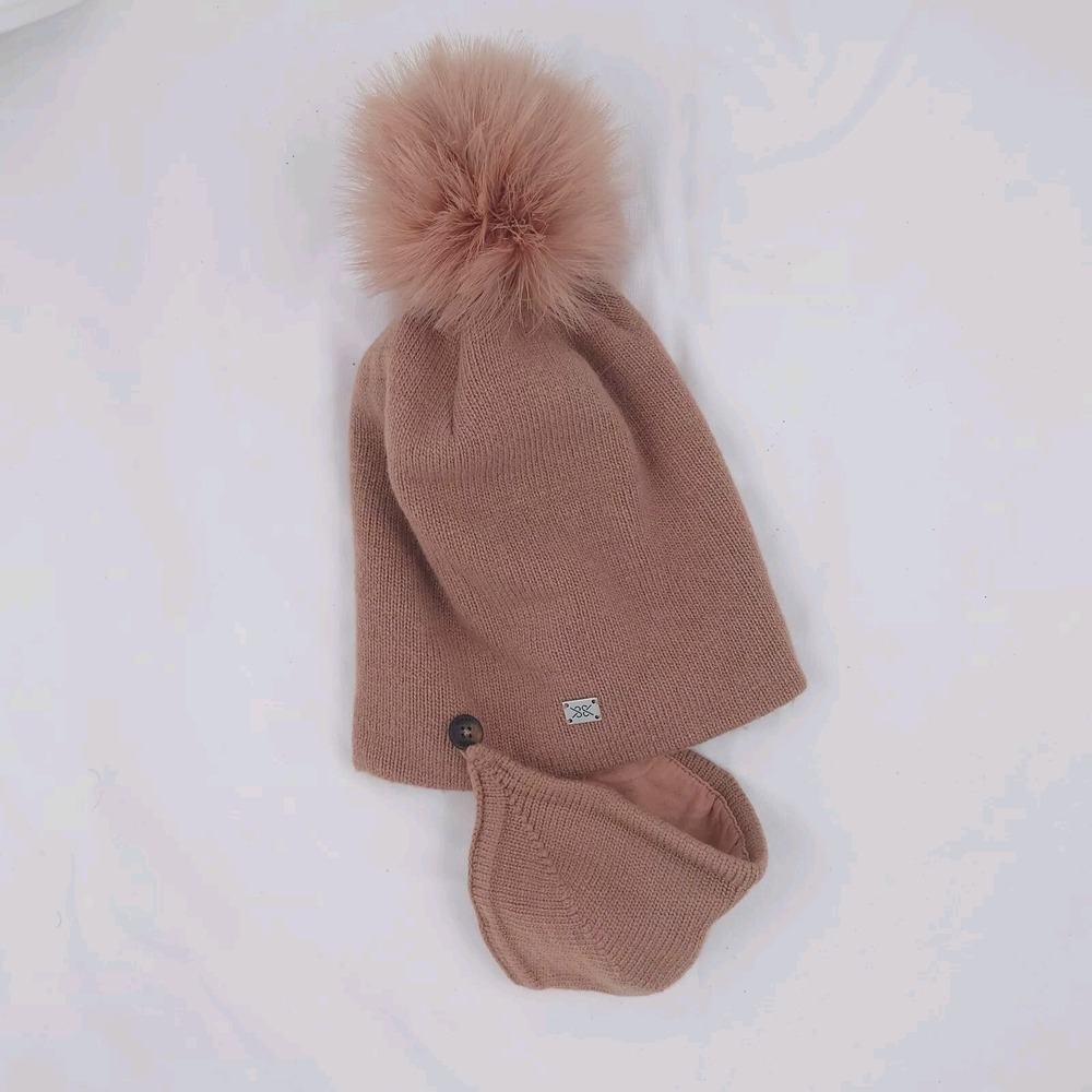 NWT Soia & Kyo Reva Knit Beanie & Mask Women Toffee Brown Wool Blend Pom Pom